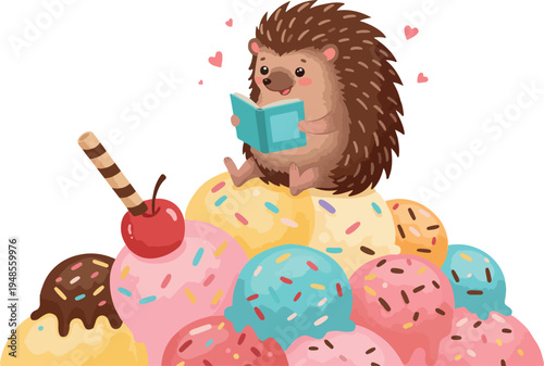 Cute Hedgehog Reading Book on Ice Cream Sundae Sweet Dessert Vector