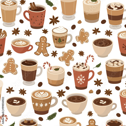 Cozy Pixel Art Coffee and Hot Chocolate Drinks with Gingerbread and Stars