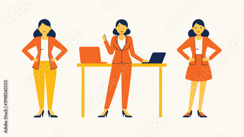 Three business women in orange blazers and trousers standing by a desk with laptops on a cream background.
