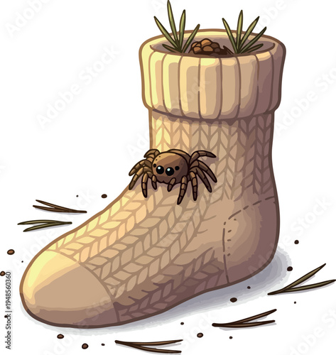 Cute Jumping Spider on Tan Knitted Sock with Green Sprouts Pixel Art