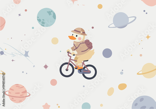 Cute Duck Explorer Riding Bicycle Through Pastel Planets Space