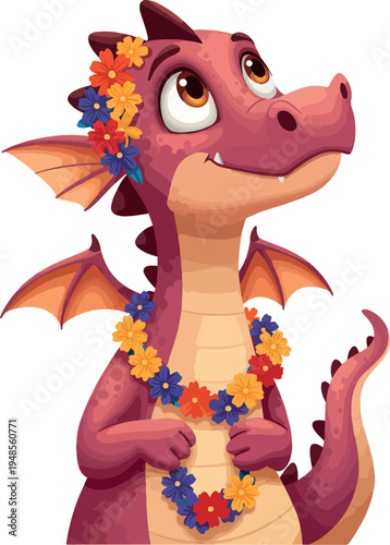 Cute Dragon Wearing Flower Lei Isolated Minimal Illustration