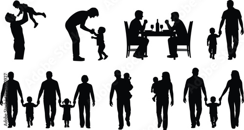 Family silhouettes collection parents and children walking playing parenting moments father mother child people black silhouette set isolated