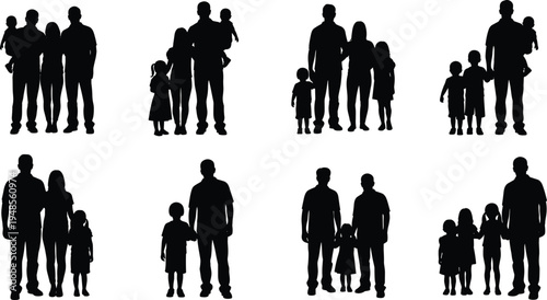 Family silhouettes collection with parents and children standing together, happy family groups isolated black people figures vector illustration