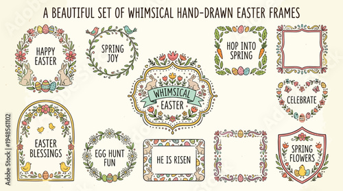 A Beautiful Set of 12 Whimsical Hand-Drawn Easter Frames Vector Collection with Spring Flowers, Bunnies, and Decorative Borders for Holiday Designs
