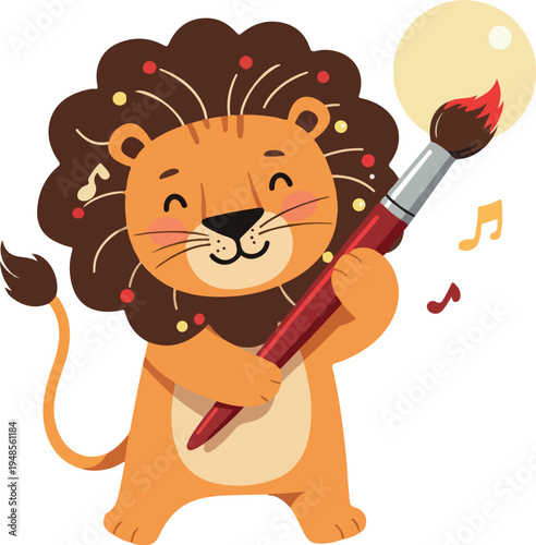 Cute Lion Playing Guitar Holding Paintbrush Festive Art Celebration
