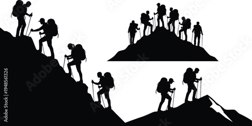 Hikers climbing mountain silhouette set trekking backpackers hiking adventure team reaching summit outdoor travel vector illustration collection