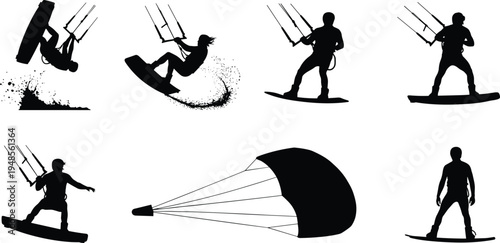 Kitesurfing and kiteboarding silhouettes collection, extreme water sport riders performing jumps and tricks, surfing action illustration set