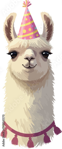 Cute Llama Wearing Party Hat Festive Tassel Collar Light Colors
