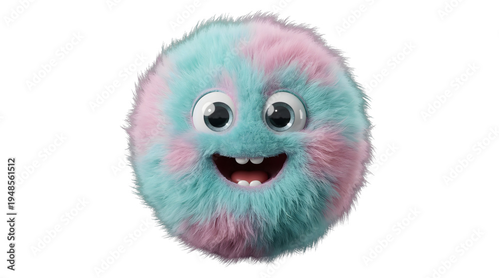 Fototapeta premium A cute round monster character with soft pink and blue fur and a happy smiling expression face