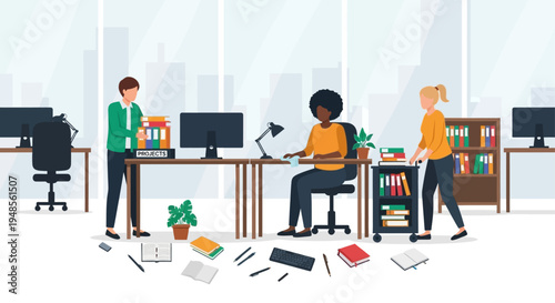 Three people working in office space.