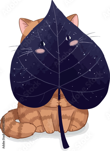 Cute Orange Cat Hides Behind Dark Starry Leaf Isolated Vector