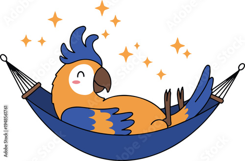 Cute Orange And Blue Parrot Relaxing In A Hammock Vector Art