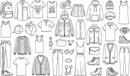 Large collection of casual apparel fashion accessories and clothing items for seasonal wardrobe planning hand drawn vector illustration doodle art