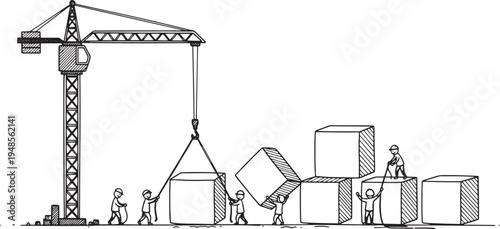 Building a tall construction site with a large crane and little people moving heavy blocks in a hand-drawn vector illustration doodle art
