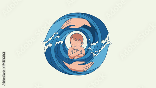 Baby Surrounded by Protective Hands and Waves.