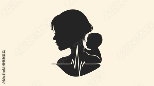 Mother and Child Silhouette with Heartbeat.
