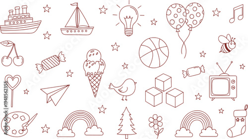 Hand drawn variety of cute toys food nature and travel objects for children coloring books and creative projects hand-drawn vector illustration doodle art or icon set