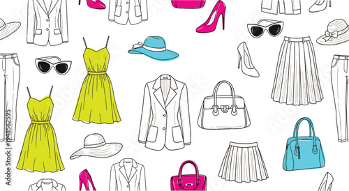 Stylish female fashion apparel and accessories seamless pattern with modern clothes and trendy outfits for lifestyle design hand drawn vector illustration doodle art