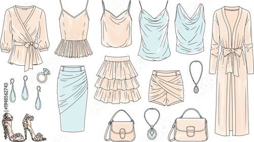 Elegant summer wardrobe essentials with stylish feminine apparel and luxury accessories for modern women hand drawn vector illustration doodle art