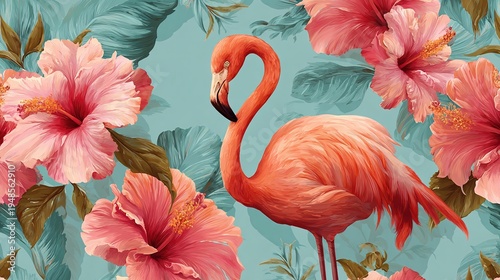 Vibrant tropical flamingo and hibiscus seamless pattern