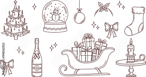 

Christmas winter holiday elements with tree snow globe ornament stocking champagne sleigh gifts and candle hand-drawn vector illustration doodle art or icon set