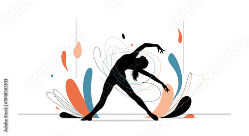 A dynamic silhouette of a woman gracefully stretching in a yoga pose, surrounded by vibrant abstract organic shapes, symbolizing flexibility and artistic movement.