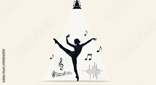 A captivating silhouette of a ballet dancer gracefully performs under a spotlight, surrounded by elegant musical notes and dynamic sound waves, symbolizing artistic expression.