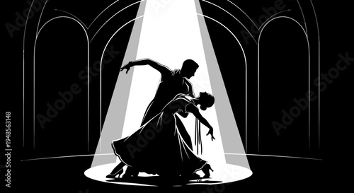A dramatic black and white illustration captures an elegant couple dancing passionately under a bright spotlight on a dark stage, evoking romance and performance.