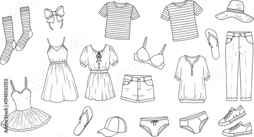 This image features a collection of various clothing items and accessories including shirts dresses pants shoes and hats presented in a clean hand-drawn vector illustration doodle art