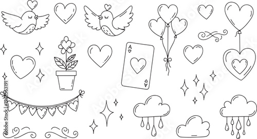 Cute romantic love elements with hearts birds clouds and stars for valentines day cards and journaling hand-drawn vector illustration doodle art or icon set