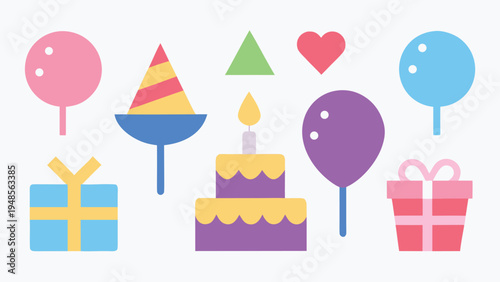 Colorful flat vector icons for a birthday party featuring balloons in multiple colors a purple tiered cake and several wrapped gift boxes.