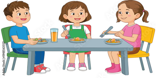 Cute children eating healthy lunch together at table in school canteen featuring boy and girls with plates and orange juice.