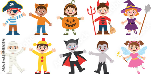 Cute children in Halloween costumes set including pirate, vampire, witch, mummy, pumpkin, fairy, devil, and clown for festive party invitations.