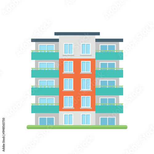 Modern Apartment Building Vector Illustration - Flat Design Multi-Story Residential House with Balconies for Real Estate and Urban Concepts