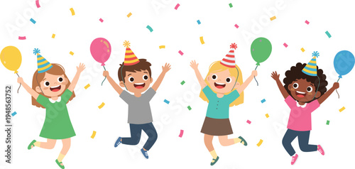 Group of happy diverse cartoon children jumping with balloons and confetti wearing party hats isolated on a grey background design
