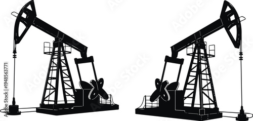 Industrial oil pump jack silhouette set with two crude oil extraction machines isolated on white background for energy industry desig