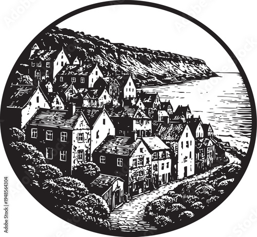 Robin Hoods Bay Village North Yorkshire seaside houses coastal village scene linocut illustration for travel poster packaging logo design