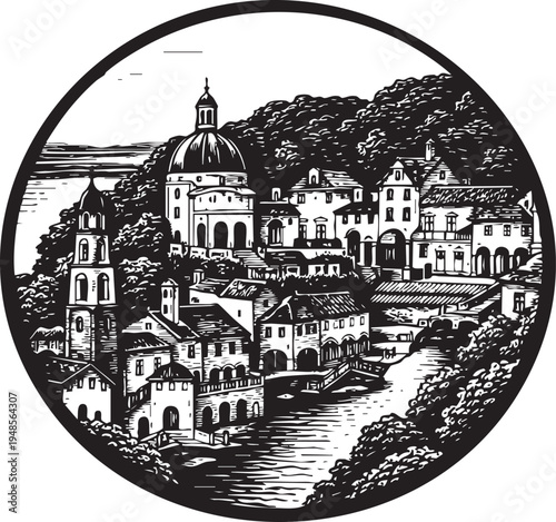 Portmeirion Wales colorful italian style coastal village architecture linocut illustration for travel poster packaging logo design