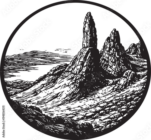 Old Man of Storr Isle of Skye dramatic rock pinnacle mountain landscape linocut illustration for travel poster packaging logo design
