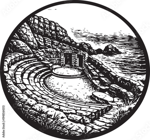 Minack Theatre Cornwall open air cliffside theatre ocean view linocut illustration for travel poster packaging logo design
