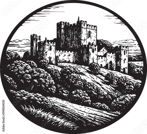 Ludlow Castle Shropshire medieval fortress hilltop ruins linocut illustration for travel poster packaging logo design