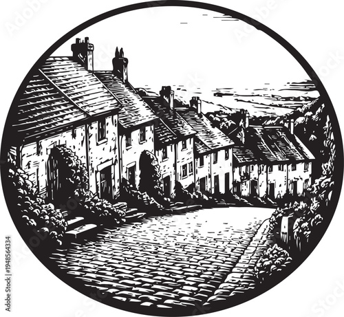 Gold Hill Shaftesbury Dorset steep cobblestone street historic cottages linocut illustration for travel poster packaging logo design