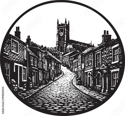 Haworth Main Street West Yorkshire historic cobblestone village street church view linocut illustration for travel poster packaging logo design
