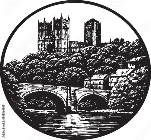 Durham Cathedral and River Wear historic hilltop cathedral above river landscape linocut illustration for travel poster packaging logo design