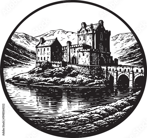 Eilean Donan Castle Scottish Highlands historic island fortress bridge over loch mountain landscape linocut illustration for travel poster packaging logo design