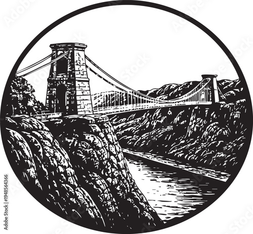 Clifton Suspension Bridge Bristol dramatic gorge crossing landmark engineering linocut illustration for travel poster packaging logo design