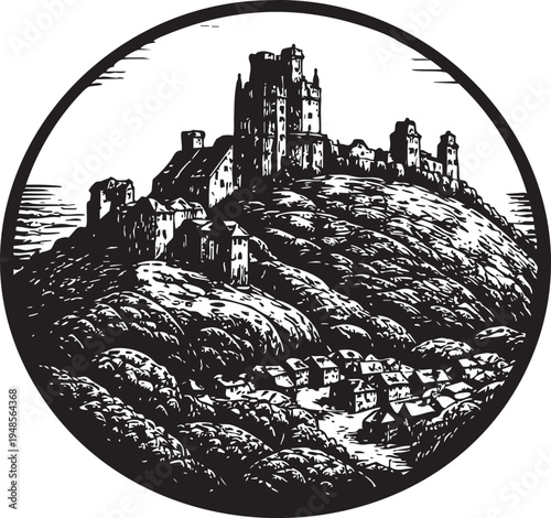 Corfe Castle Dorset medieval hilltop fortress ruins above village linocut illustration for travel poster packaging logo design