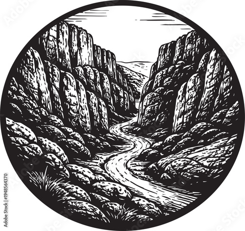 Cheddar Gorge Somerset dramatic limestone canyon winding road landscape linocut illustration for travel poster packaging logo design