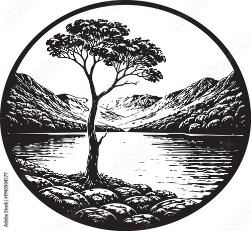 Buttermere Lone Tree Lake District scenic lakeside mountain reflection landscape linocut illustration for travel poster packaging logo design